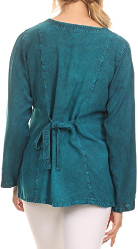 Image of Sakkas Fedella Deep Scoop Neck Long Sleeve Blouse Top with Adjustable Back Straps