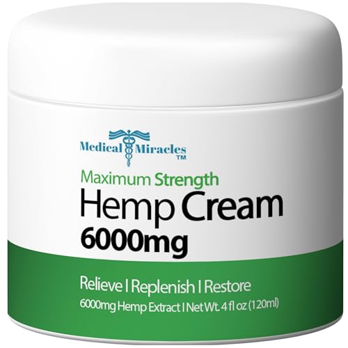 Medical Miracles Hemp Relief Cream - Ideal Relief for Muscles HIPS Joints Neck Back Elbows Fingers Hands Knees (6000mg) New 4 OZ Size.