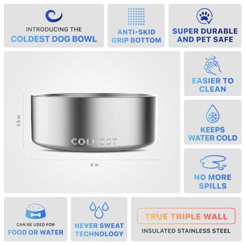 Coldest Dog Bowl - Anti Rust Metal, Non Slip, 3 Layers Insulated Stainless Steel Dog Bowls - Spill Proof & Heavy Duty - Water Bowl for Dogs, Cats, Dish Washer Safe (64 oz, Polished Stainless Steel) - Image 6