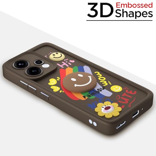 Image of Outlouders Back Cover for Oppo Reno 15 5G | Cute Rainbow Smile 3D Cartoon Flower | Soft Silicone Raised Camera Protection Bumper Case (Brown)