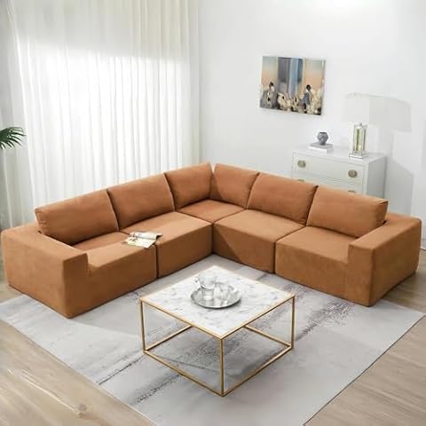DEINPPA Modular Sectional Sofa, Minimalist Style Cloud Couch, Luxury Terry Cloth Fabric Cloud Couch, Sleeper Sofa Bed for Living Room, No Assembly Require-Brown Cover