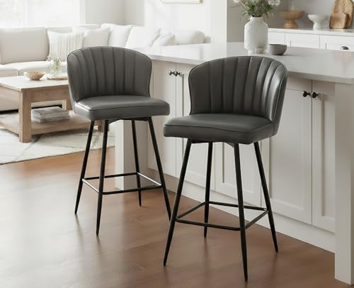 Image of EALSON 26 Inch Counter Height Bar Stools Set of 2 Leather Counter Stools with Back Modern Comfortable Bar Chairs with Metal Footrest Upholstered Kitchen Island Stool for Home Bar Dining Room, Grey