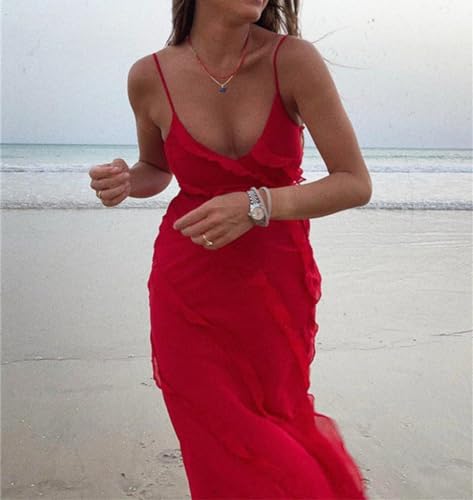 Image of Women Summer Elegant Sling Midi Ruched Bodycon Dress Solid Color Backless Slim Party Cocktail Dresses