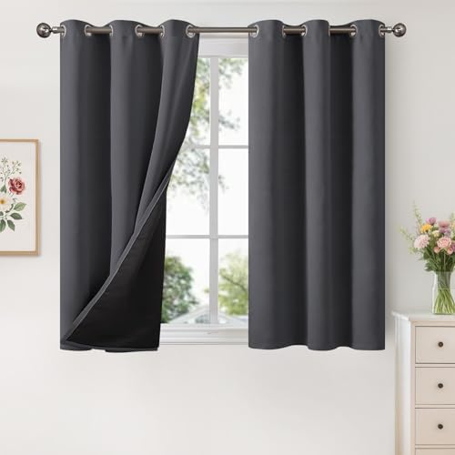 Image of YoungsTex Short 100% Blackout Curtains 40 Inch Length for Windows, Small Thermal Insulated Drapes with Grommet Room Darkening Privacy with Liner for Bedroom, Dark Grey, 2 Panels, 42 X 40 Inch