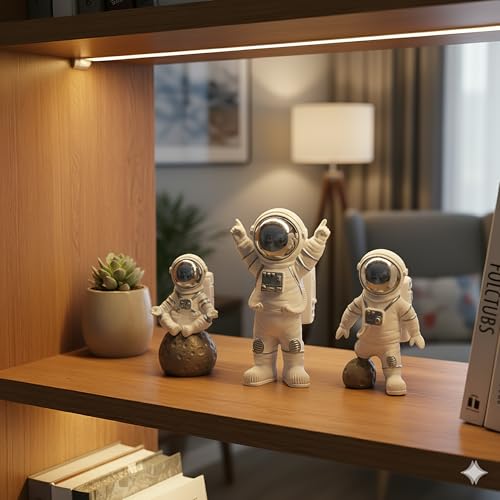 Image of REWOP Astronaut Figurine Set of 3 - Cute Space Theme Desk Decor, Moon Surface Resin Statues for Home, Office, Car Dashboard, Gift for Kids & Space Lovers (Silver)