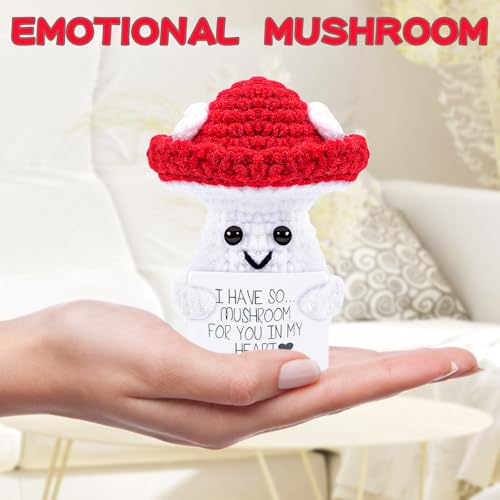 Image of Hoedia Handmade Emotional Pickle Gift, Cucumber Crochet Doll Inspirational Gifts with Cards, Cute Knitted Funny Support Pickle Potato Friend Birthday (Emotional Mushroom)