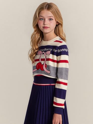 Girl Pullover Sweaters Winter Knit Clothing Cherry Embroidery Pattern Striped Crewneck Top Kid Clothes4