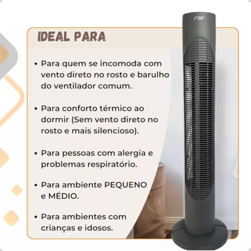 Ventilador de Torre portátil 3 Níveis de Velocidade, 220V, silencioso,50W,60Hz,Velocidades: 3 ajustá