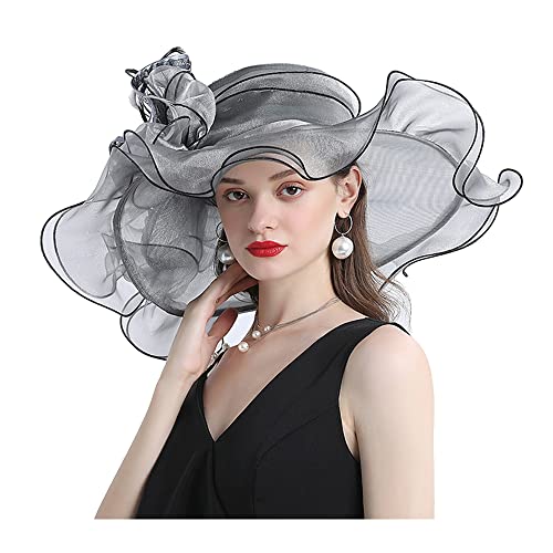 BOMBIKINI Chapeau à Large Bord pour Femme avec décoration Papillon Chapeau Fashion en Organza Chapeau Plat à Fleurs Chapeau de Mariage,Gris