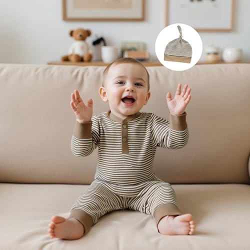 Kuriozud Newborn Infant Unisex Baby Boy Girl Clothes Button Romper Jumpsuit Basic One Piece Outfits Striped Striped Long Sleeve with Hat Khaki, Newborn