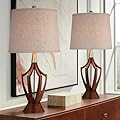 360 Lighting St. Claire 30 3/4" Tall Open Base Large Mid Century Modern End Table Lamps Set of 2 Wood Finish Fabric Shade Living Room Bedroom Bedside Nightstand House Office Home Reading Kitchen