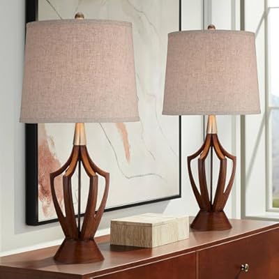 360 Lighting St. Claire 30 3/4" Tall Open Base Large Mid Century Modern End Table Lamps Set of 2 Wood Finish Fabric Shade Living Room Bedroom Bedside Nightstand House Office Home Reading Kitchen