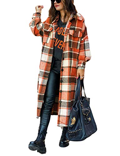 Qiaomai Womens Plaid Wool Blend Puff Sleeve Lapel Button Long Pocketed Shacket Coat（Red-M）