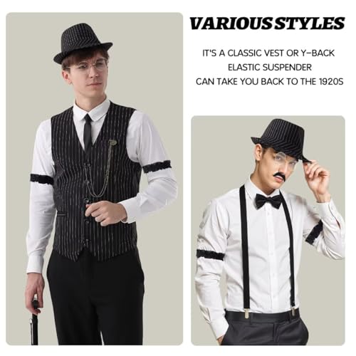 VillbeCoser 1920s Mens Costume Roaring 20s Costumes Accessories Set 1920s Vest Suspenders Hat Pocket Watch Tie (StreakBlack-2XL)