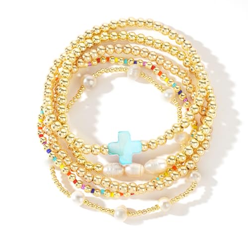 SHINUS BOHO 14K Gold Pearl Beaded Cross Bracelets Stack Set for Women Stretch Boho Colorful Christian Beads Ball Jewelry Friendship Summer Trendy Stocking Stuffer Gift