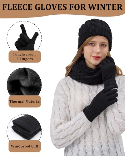 Winter Beanie Hat Scarf Gloves Set for Women, Fleece Lined Hats Touchscreen Gloves Long Scarf 3 In 1 Set for Cold Weather2