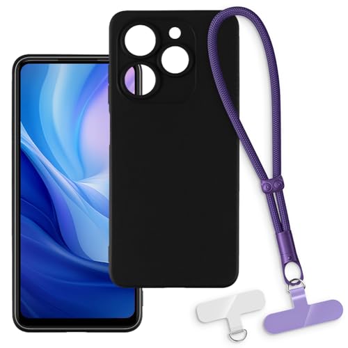 OAGELIM 2-in-1 Protective Case and Wrist Strap Compatible with Tecno Spark 20 4G Phone Cover with Detachable Lanyard, Anti-Slip Anti-Loss Grip Handle (Black + Purple)