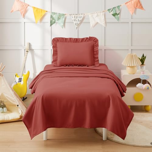 Image of KKJIAF 3 Piece Toddler Sheet Set Microfiber, Includes a Flat Sheet, a Fitted Sheet and a Ruffle Pillowcase, Rust Red