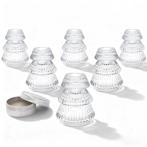 Romcanmy Christmas Candlestick Holders, Set of 6 Clear Crystal Taper Candle Holder with Candles Adhesive Wax, Small Christmas Tree Glass Candle Holder for Table Centrepiece Party Dinner Festive