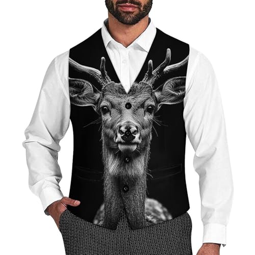 Close Up of Deer Head Men's Suit Vest Slim Fit V-Ncek Waistcoat Business Casual Vest