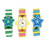 Hemobllo 3 Stück Holz Armbanduhren Spielzeug, Niedliche Cartoon Hölzerne Uhren Spielzeug Elastische Armband Simulation Armbanduhren Kinder Spielzeug (Zufälliger Stil)