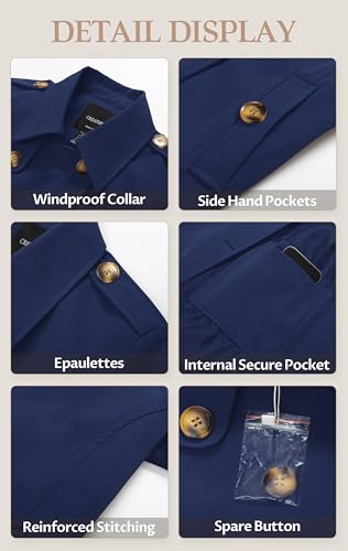 CREATMO US Navy Blue Cropped Trench Coat for Women - Stylish Double-Breasted Jacket with Pockets, Large - Image 7