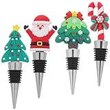 OUNONA 4pcs Christmas Wine Bottle Stoppers Set, Silicone Candy Cane and Tree Shape Beverage Sealers, Reusable Glass Bottle Caps for Holiday Party and Wedding Decor