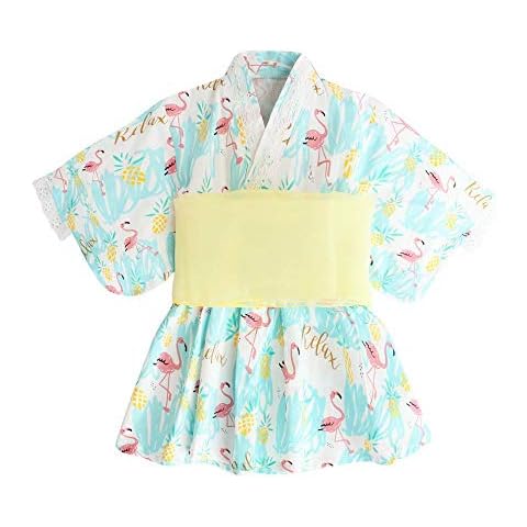 Kimono Dresses Baby Girls Outfit Toddler Long Sleeve Lace UP Party Robe Costume Blue&Flamingo 4-5T/120 Cover