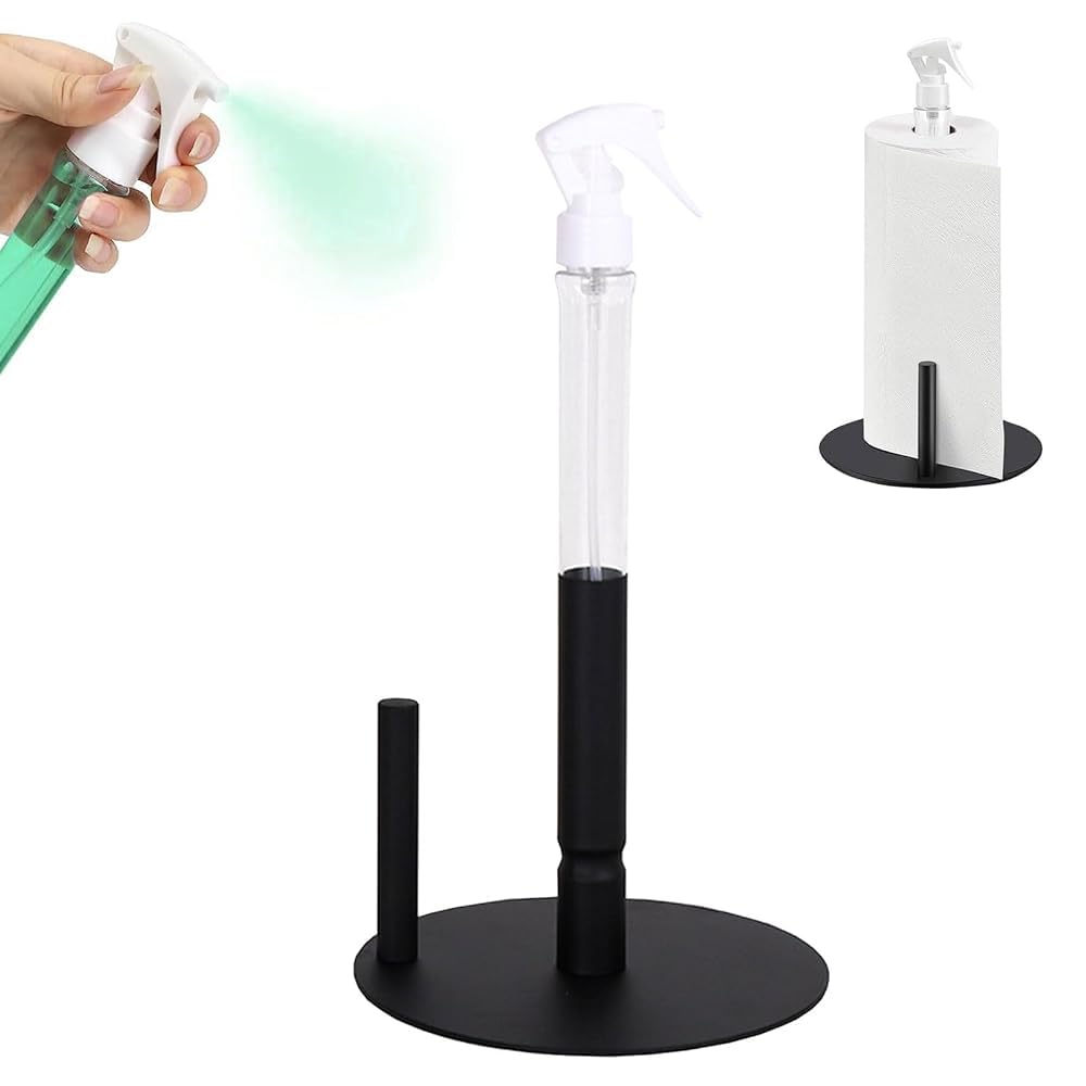 Portarotolo da Cucina con Flacone Spray, Portatovaglioli da Tavola Autoportante, Porta Rotoli da Cucina Nero Opaco, Antiscivolo, Porta Rotolo di Carta Multifunzione per Cucina, Bagno