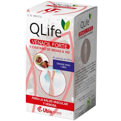 QLife Venacil Forte - Suplemento Natural para la Circulación con Castaño de Indias, Vid Roja, Arándano y Vitamina C - Piernas Cansadas y Salud Vascular - 60 cápsulas (60 Cápsulas)
