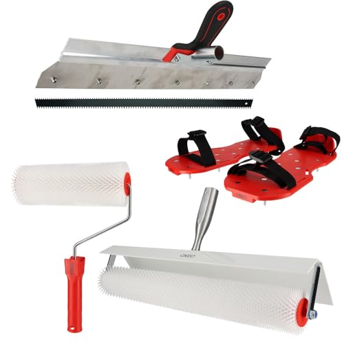 Kit outils ragréage - Rouleaux débulleurs 25-50cm - Râteau autonivelant 56cm - Chaussures pointes acier - Ciment auto-nivelant
