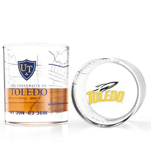 Image of Greenline Goods University of Toledo Rockets Whiskey Glasses Set of 2, 10 oz Rocks Glasses with Full-Color Logo & Campus Map - Officially Licensed Bourbon Glass Gift for Alumni & Fans