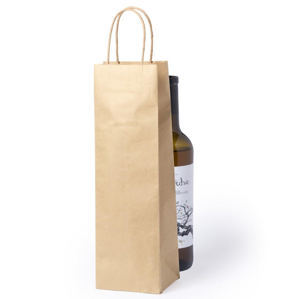 VINAK - Pack de 50 | 100 | 200 | Bolsas de Papel para Botella de Vino | 11 x 36 x 10 cm | Asa Retorcida Resistente | para Vino, Cava y Champán 1L (100, Kraft)