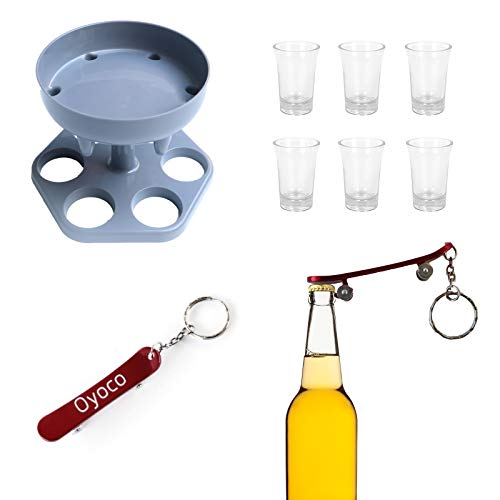 6 Schnapsglasspender und Halter, Oyoco Spender zum Befüllen von Flüssigkeiten mit 6 Weingläsern, Bar Schnapsspender mit Korkenzieher für Bier, Wein, Cocktail, Getränk (Grau) Cover