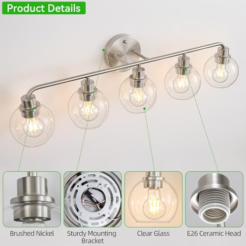 Image of Bathroom Light Fixtures 5 Light Brushed Nickel Vanity Light Silver | Modern Wall Sconces Lighting Bathroom Lights with Glass Shade Bath Wall Lights for Mirror Kitchen Living Room Hallway 34.5 inch