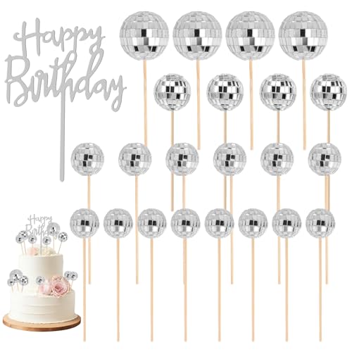 22 Pièces Mini Boule Disco Deco avec Happy Birthday Topper, Petites Boules Disco Decoration Gateau, Boule à Facettes Disco Réutilisable pour la Décoration...