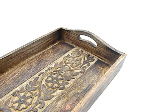Store Indya Hand Carved Wooden Breakfast Serving Tray With Handle For Breakfast Tea Snack Dessert | Kitchen Dining Serve-Ware Accessories | 15 X 10 Inches #TOP3
