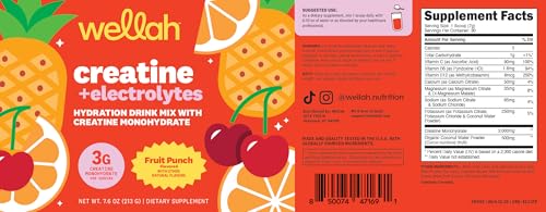 Image of Wellah Creatine + Electrolytes Powder (Fruit Punch) 30 Servings - Hydration Drink Mix with 3g of Creatine Monohydrate