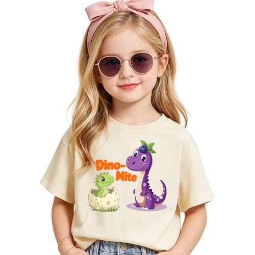 Cute Dinosaur Shirt for Toddler Boys Girls Funny Kids Cartoon Dino Short Sleeve Graphic Cotton Tee(Beige Cartoon Dino,6-7T)