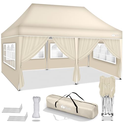 tillvex Pavillon 3x6m wasserdicht | Pop-Up Faltpavillon höhenverstellbar | Gartenzelt UV Schutz 50+ | Partyzelt mit Tasche für Garten (Beige - mit 6 Seitenteilen)
