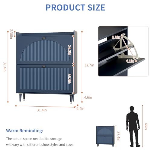 Image of Shoe Storage Cabinet with 2 Flip Drawers, Shoe Organizer Storage with Adjustable Shelves, Freestanding Hidden Slim Narrow Shoe Rack Cabinet for Entryway, Hallway