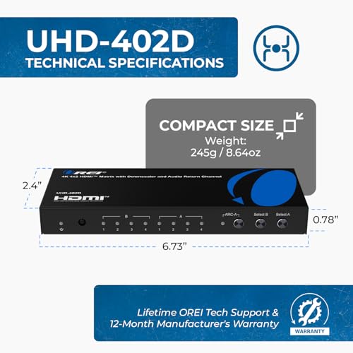 Image of OREI 4K HDMI Matrix Switch with Downscaler & ARC - 4x2 HDMI Matrix Switch 4K, HDMI 2.0, HDCP 2.2, 18Gbps, 4K@60Hz HDR, Dual Audio Extraction (Optical & 3.5mm), IR Remote (UHD-402D)
