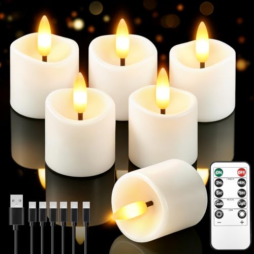 Image of 6 Pack Small Rechargeable Flameless Candles with Remote Timer | 1.5 inchx2 inch LED Tea Lights Votive Fake Candles Flickering Mini Candles Battery Operated for Halloween Wedding Party Home Decor