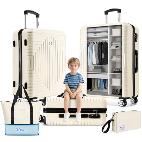 Hoteel Luggage Sets 5 Piece Suitcases With Wheels，ABS+PC Lightweight Hard Shell Luggage Sets With Tsa Lock, Carry On Suitcase Set With Carry On Travel Bag, Expandable Duffle Bag For Travel, Beige