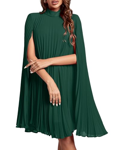 Rooscier Womens Pleated Mock Neck Cloak Sleeve Keyhole Back Flowy Party Midi Dress Plain Green Medium