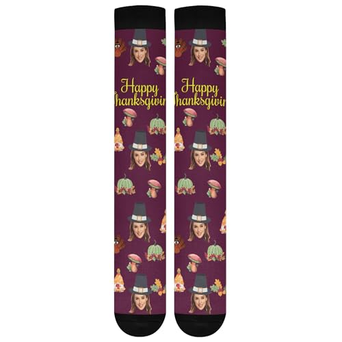JUNZAN Thanksgiving Autumn Apples Pumpkins Custom Compression Socks for Women Breathable Circulation Long Knee High Socks for Teen Tennis Burgundy Red