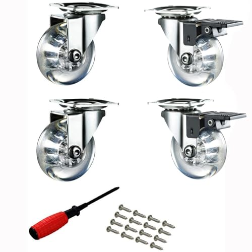 TBACW 2 Inch Clear Heavy Duty Swivel Rubber Caster Wheels with 360 Degree Top Plate 400 Lbs Total Capacity with Safety Brake（with Screws and Screwdrivers） - 100 lbs Each, Pack of 4