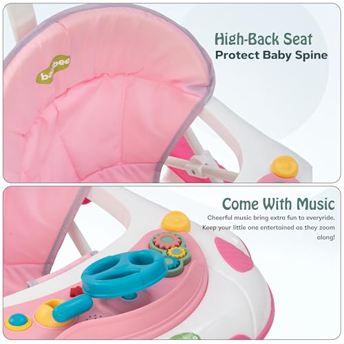 Image of Baybee Pastel Bliss Baby Walker for Kids | 3-Level Height Adjustable Walker with Parental Push Handle & Musical Toy Bar | Foldable Activity Walker for Babies 6 to 18 Months (Pink /White)