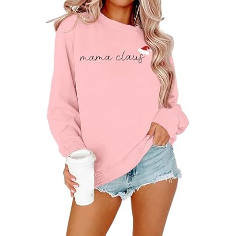 EGELEXY Merry Christmas Sweatshirt Women Xmas Santa Hat Mama Pullover Casual Crew Neck Holiday Blouse Shirts Pink Cover