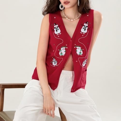 Image of Christmas Vest for Women Reindeer Santa Snowman Embroidery Sweater Sleeveless Ugly Xmas Knit Tank Top